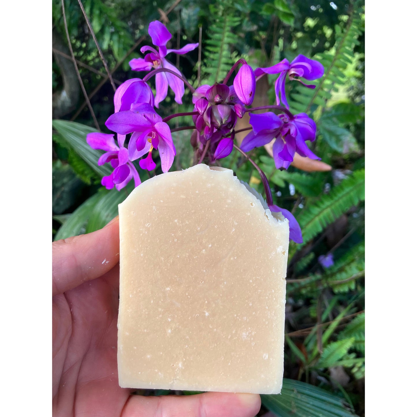 Bar of soap held in front of purple flowers with a green leafy background