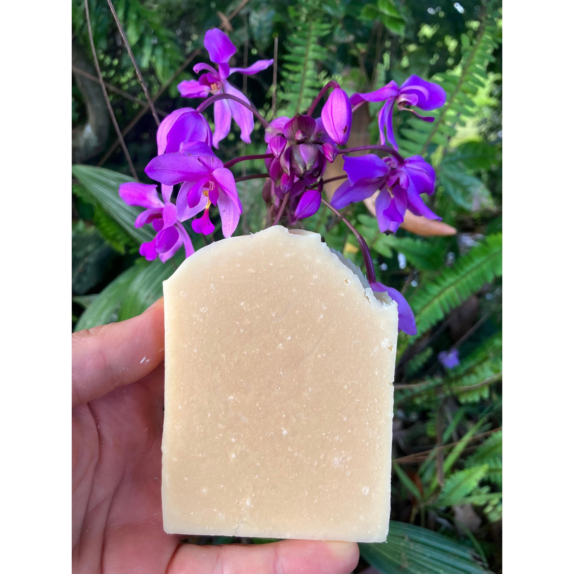 Bar of soap held in front of purple flowers with a green leafy background