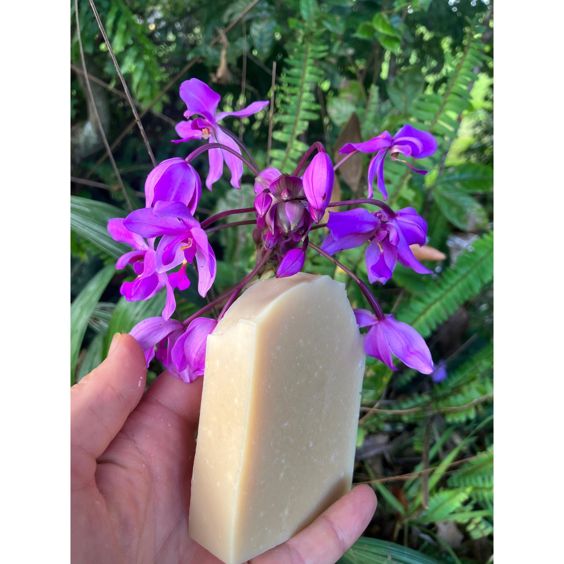 Hand holding a bar of soap with purple flowers in the background