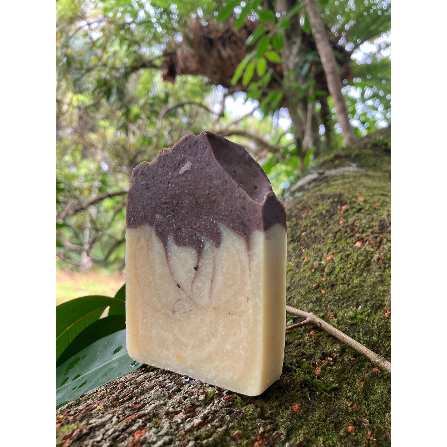 Organic lavender deep purple and marble patterned soap bar attached to a tree Side